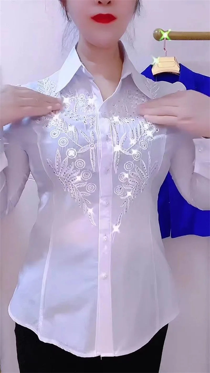 Fashion White Red Blue Shirts For Women New Temperament Design Embroidered Rhinestone Spring Autumn Summer Shirt Blous