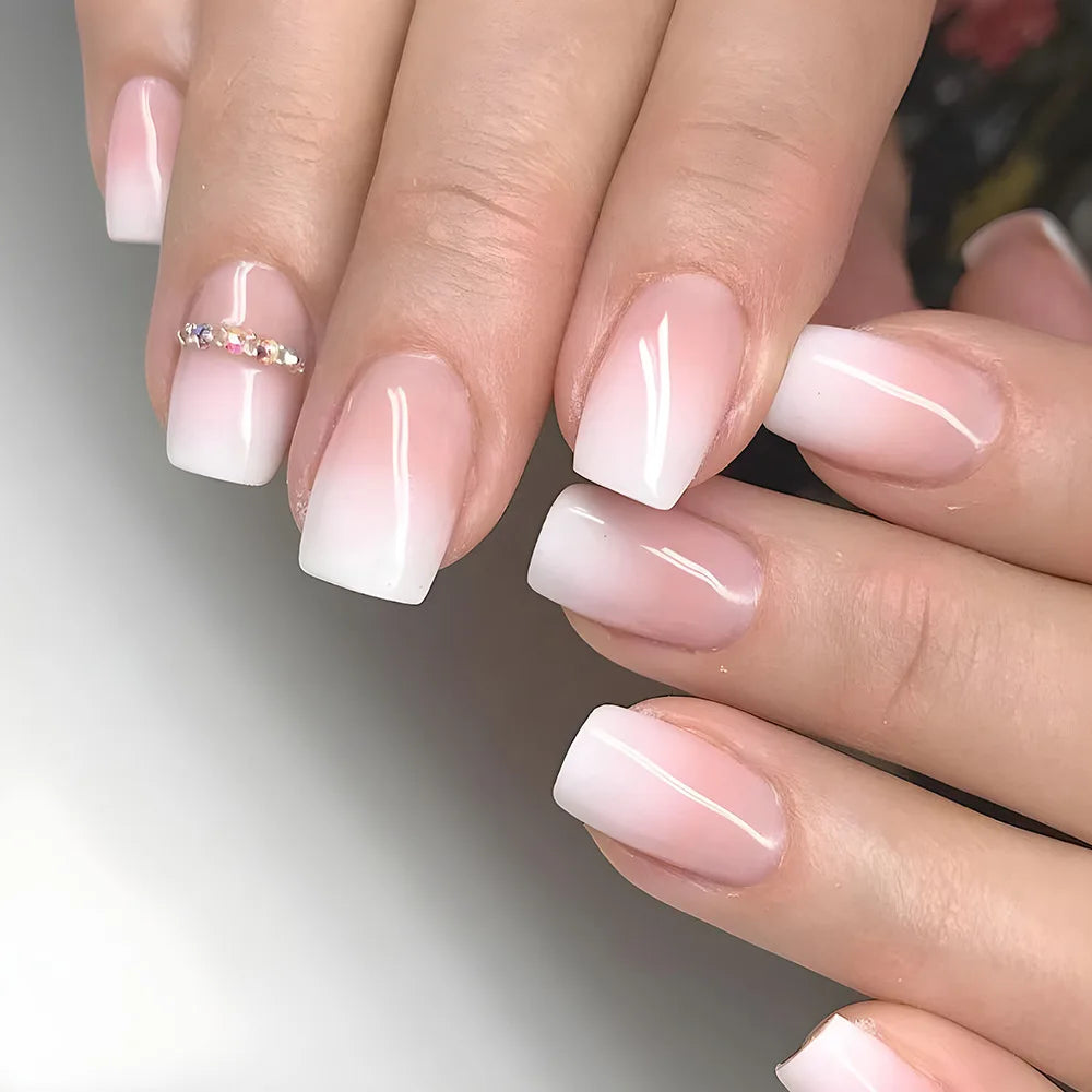 24Pcs Simple Fake Nail with Broken Diamond Short Square Press on False Nails Gradient White Wearable Ballet Full Cover Nail Tip