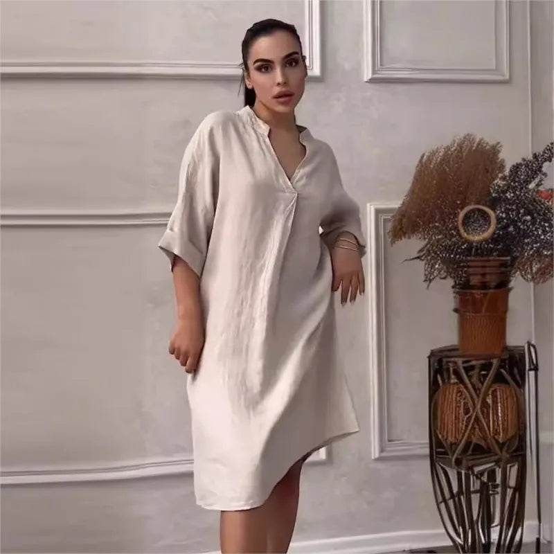 Fashion Cotton And Linen Women's V-neck Loose Dress Spring And Summer Solid Color Casual Short Sleeved Pocket Midi Dresses