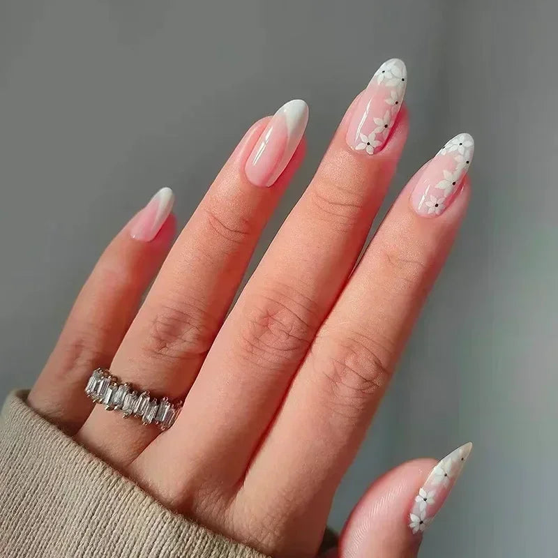 French Press on Fake Nails with Flowers Designs Summer Blue Short Almond False Nails Wearable French Full Cover Press on Nails