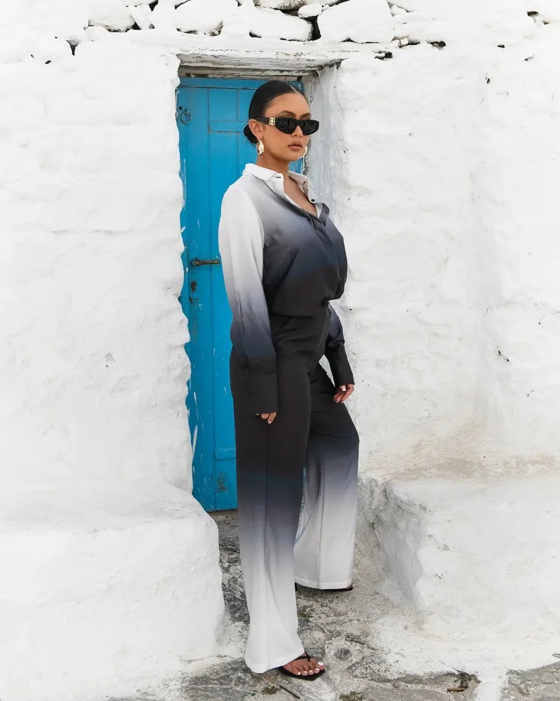 Elegant Women Two Piece Pants Set Casual Fashion Loose Long Sleeve Shirt Top High Waist Wide Leg Pants Suit Outfits Tracksuit