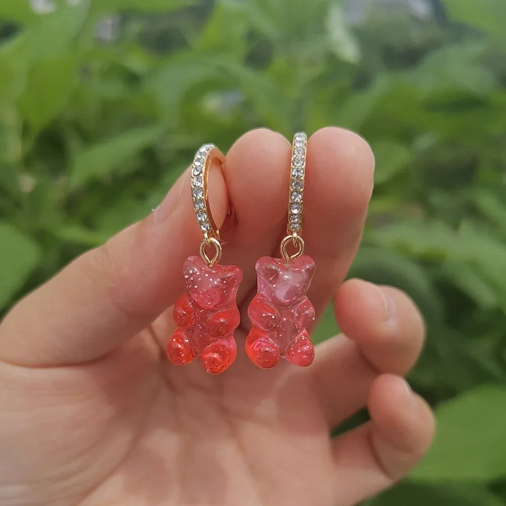 Pendientes colgantes de oso de gominola de acrílico bonitos para mujer, pendientes de aro de oso arcoíris CZ, joyería dulce de niña, moda coreana 2022
