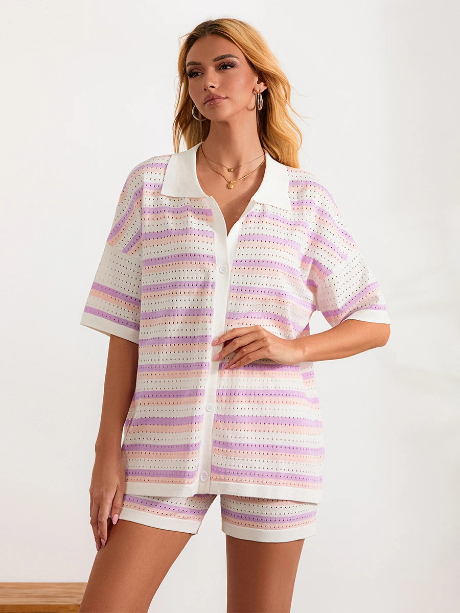 Conjunto de Pijama de Mujer de 2 Piezas Trajes de Salón Verano Rayas Contraste de Color Botón Tops de Punto de Ganchillo y Pantalones Cortos Conjuntos de Salón Playa