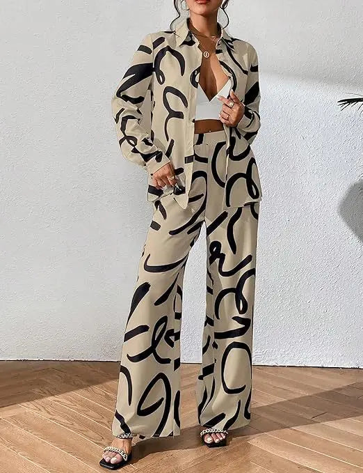 Women Clothing  Autumn New Fashion Print Set Casual Button Collar Shirt Long Sleeved Wide Leg Pants Long Pants Two-piece Set