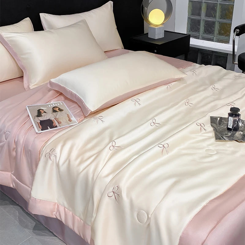 Princess Summer Quilt Korean Soft  Washed Silk Full Embroidery Tencel Cool Quilt  Women Girl For Summer Comforter Bedding