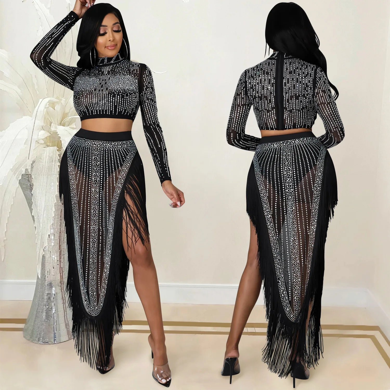 Skirt Set Women Two Piece Sets Dress Sets Mock Neck Matching Set Diamond Short Tops Party High Waist Long Skirts Sexy Hot Tassel