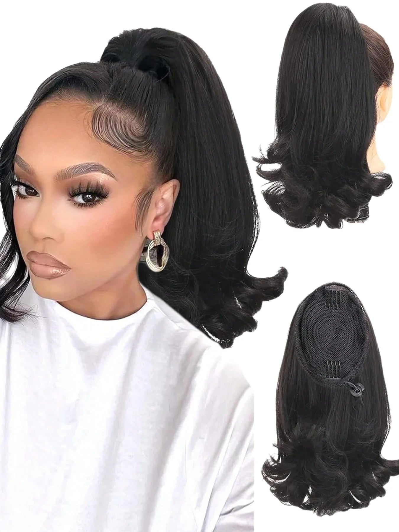 Synthetic 16" Nature Black Drawstring Yaki Straight Ponytail Hair Extensions Tail Warping Pieces for Black Women Daily Party Use