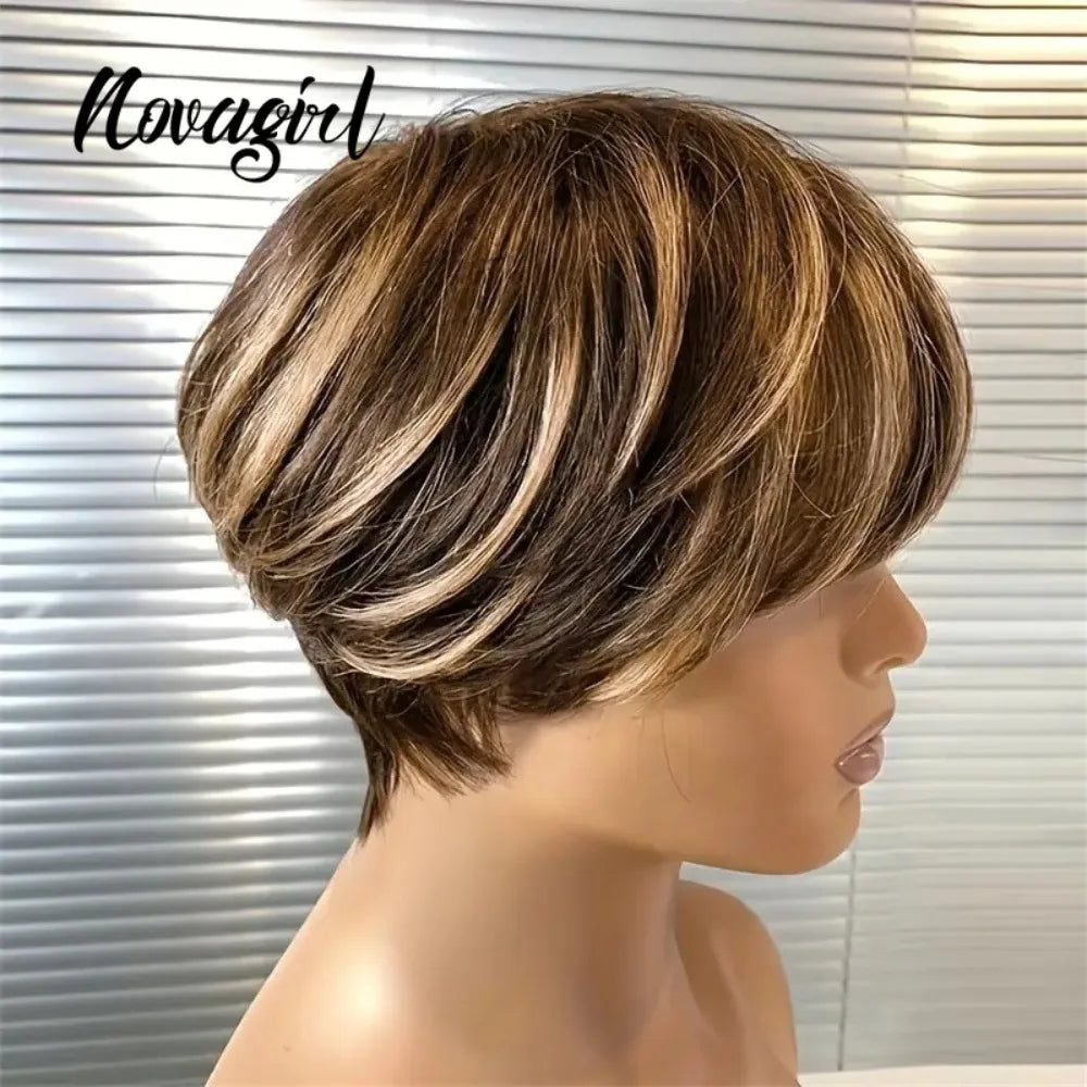 High Quality 6 Inch Pixie Wigs Color P4/27 for Women Full Machine Made Brazilian Virgin Remy Human Hair Soft Comfortable