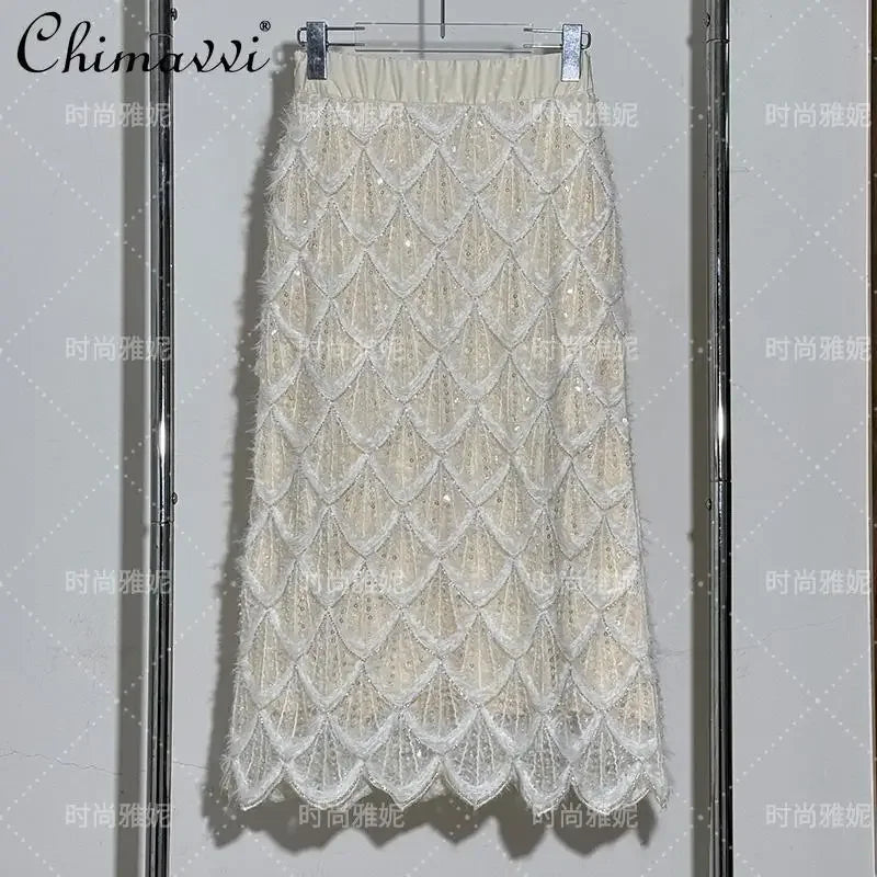High-end Fashion Beaded Sequined Skirt Set 2025 Spring New Long-sleeved T-shirt Top High Waist Slim-fit Hip Skirt 2-piece Set