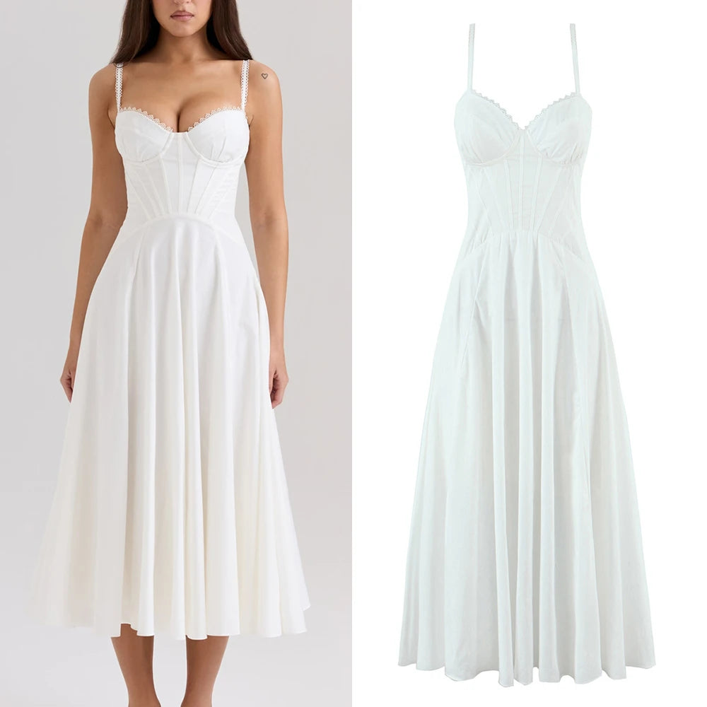 Women Dress New Fashion Summer Vintage White Lace-Panelled Cotton Dresses for Women Elegance Chic Ladies Midi Dress