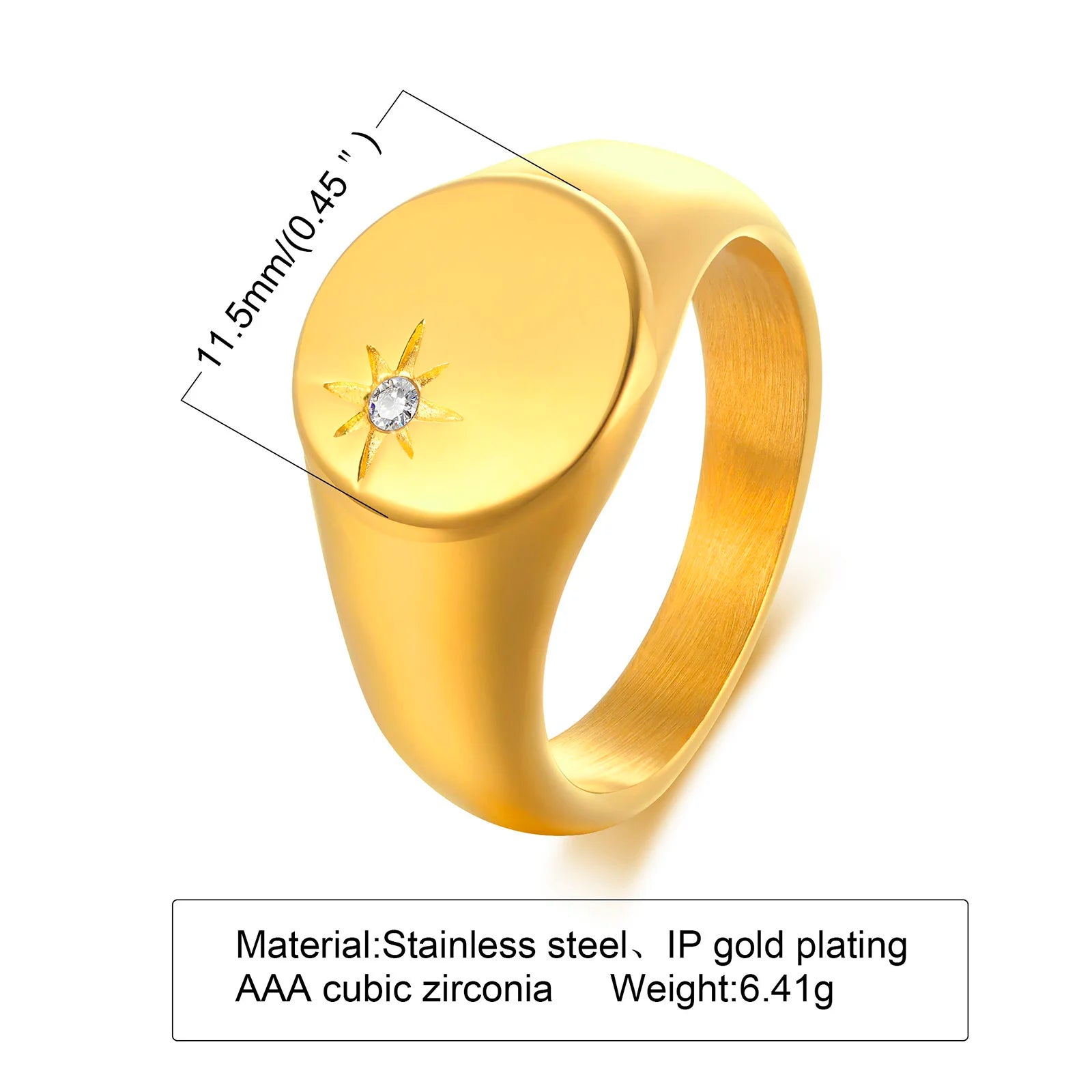 Anillo Meñique con Sello Sol de Acero Inoxidable, Anillo con Incrustaciones de Zirconia Cúbica Chapado en Oro, Joyería de Moda que No se Deslustra