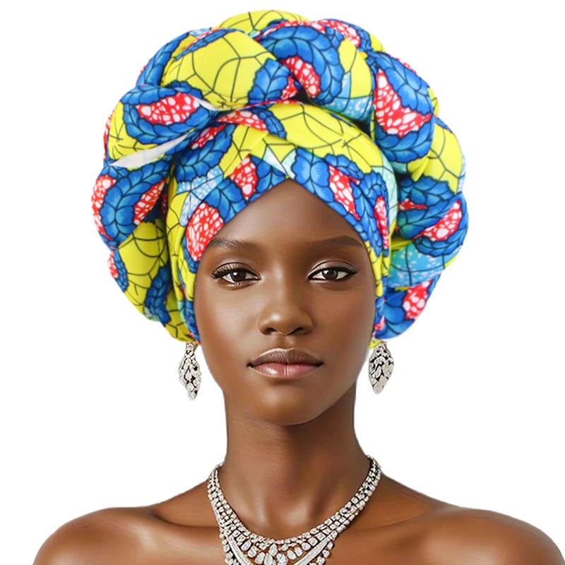 New African Print Twisted Large Braid Turban Hat Muslim Hijab Hat Elastic Head Wraps Headscarf Ramadan Headscarf Beanie Hats