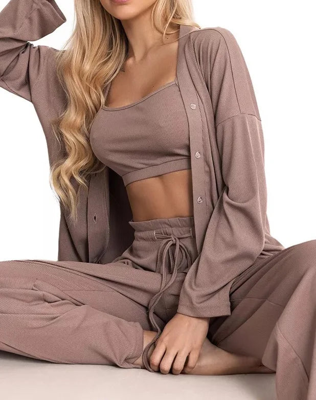 Conjuntos de pijama de otoño acogedores para mujer, 3 piezas, ropa de casa informal con top de tirantes, pantalón y cárdigan, talla grande, ropa de descanso suave para mujer