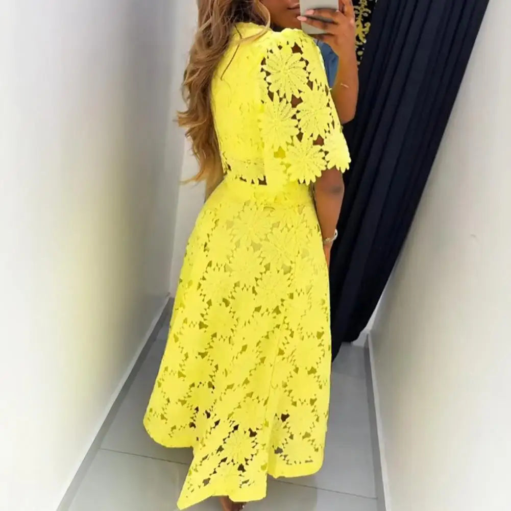 Women's 2 Piece Skirt Set Hollow Out Flower Outfits Short Sleeves Round Neck Top High Waisted Maxi Skirt Set Summer Vacation Set