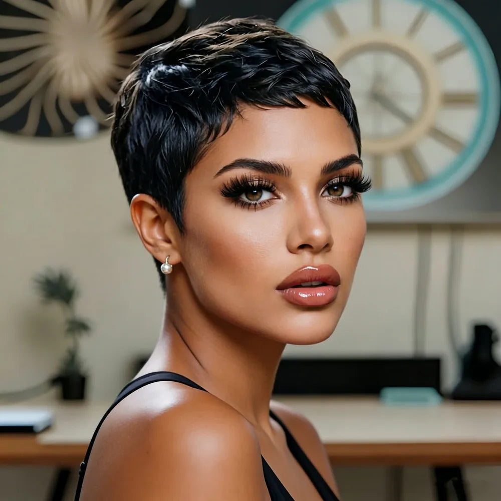 short layered 150% density wig machine made  wig for women 4inch black color pixie wave human hair wig