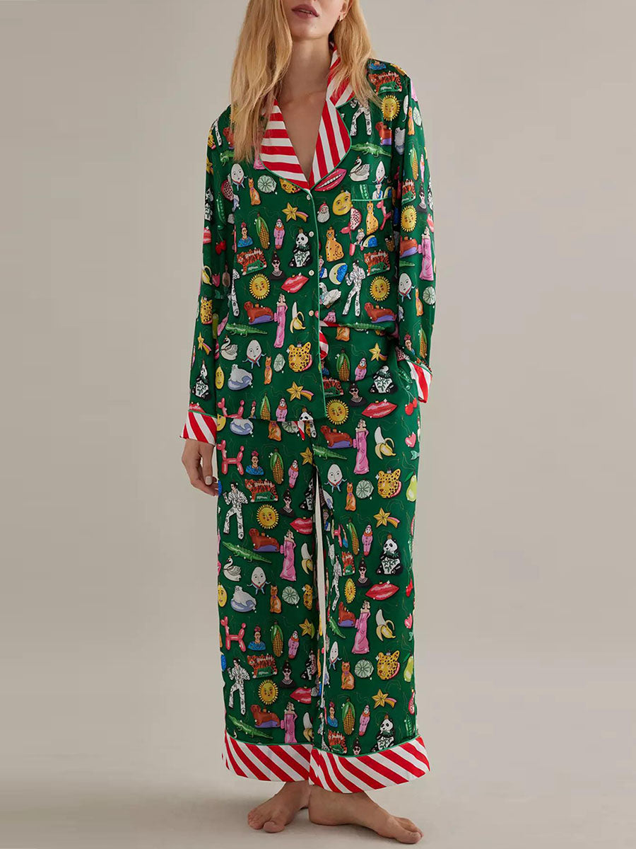 Women Pajama Set Food Animal Print Long Sleeve Button Closure Tops with Pants Sleepwear Loungewear
