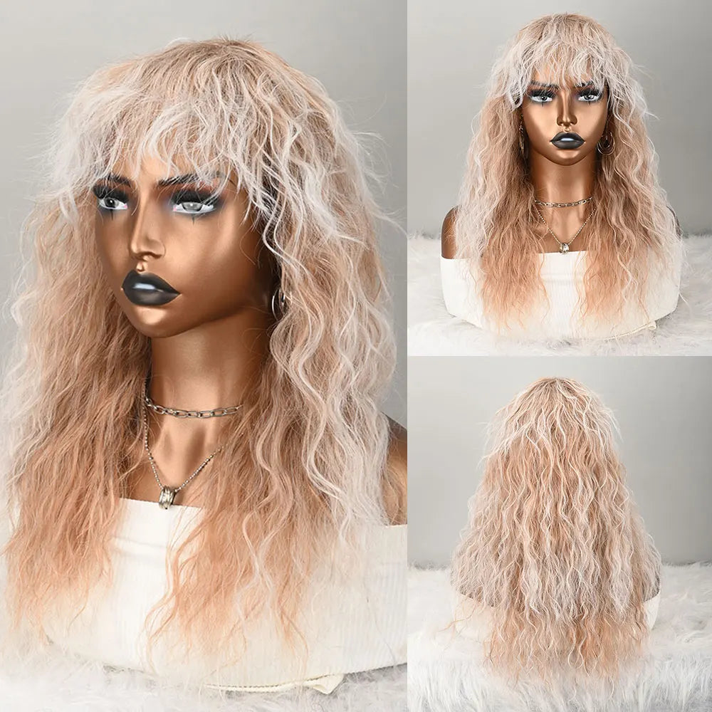 Long Curly Wig with Bangs for Women Ombre Ash Blonde Synthetic Hair Wigs Fluffy Water Wave Wig with Fringe Heat Resistant Synthe
