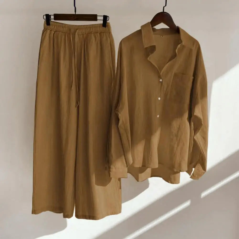 2 Pcs/Set Women Tops Pants Set Blouse Trousers Suit Skin-touch Long Sleeves Cardigan Solid Color Wide Leg Daily Clothes