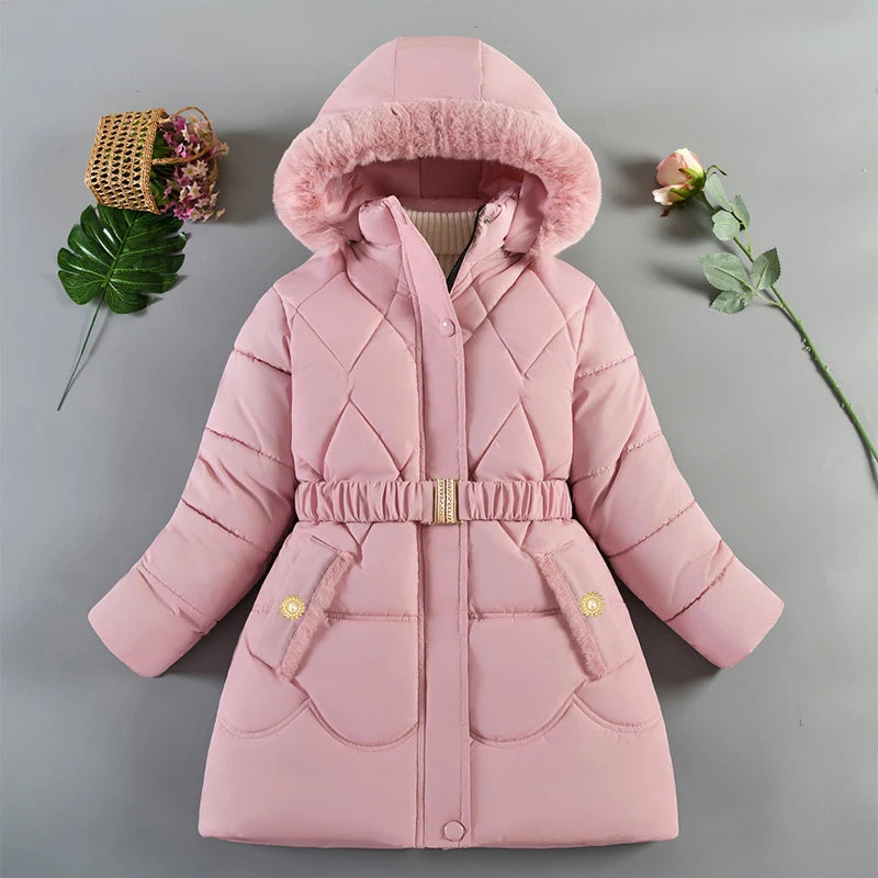 New Winter Keep Warm Girls Jacket Thick Solid Color Fur Collar Hooded Parkas Coat For 4-10 Years Kids Children Outdoor Outerwear