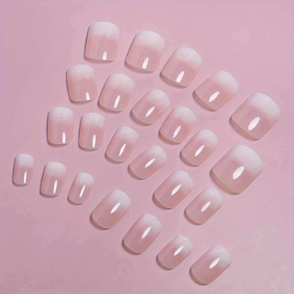 Square Head French Fake Nails Waterproof Wearable Manicure Nude Color Gradient Press on Nails Full Cover Flash Nail Tips Women