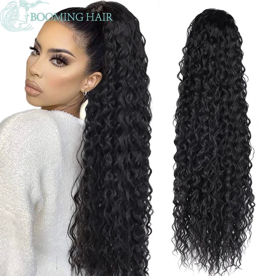Queue de cheval bouclée Extensions à clip synthétiques avec cordon de serrage Perruque longue de 32 pouces Ondulée Afro Queue de cheval Faux Postiche pour femmes