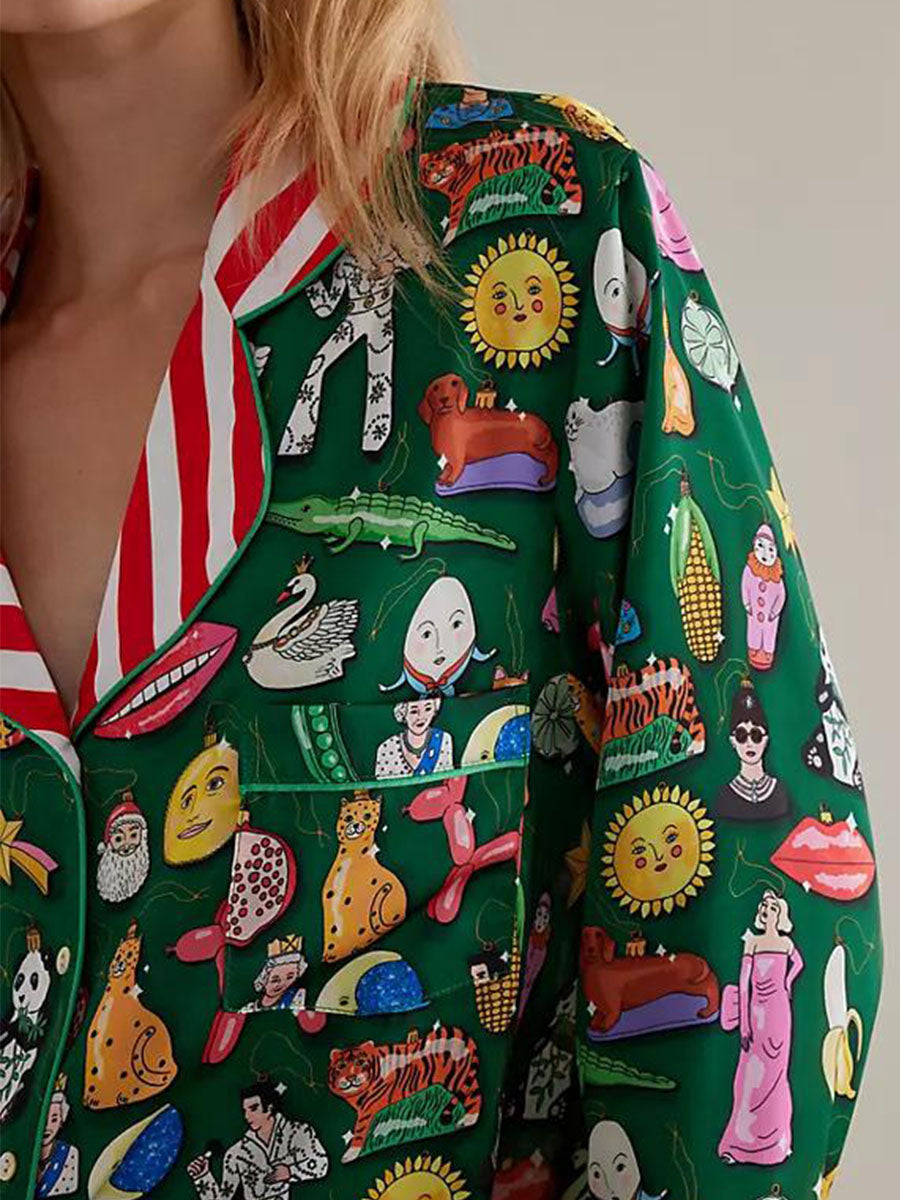 Women Pajama Set Food Animal Print Long Sleeve Button Closure Tops with Pants Sleepwear Loungewear