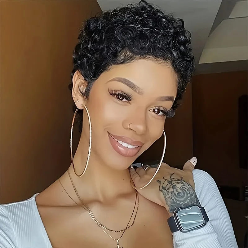 Peluca rizada corta afro de 4 pulgadas, densidad del 150%, para fiesta, corte pixie, hecha a máquina, cabello humano para mujer, color negro natural