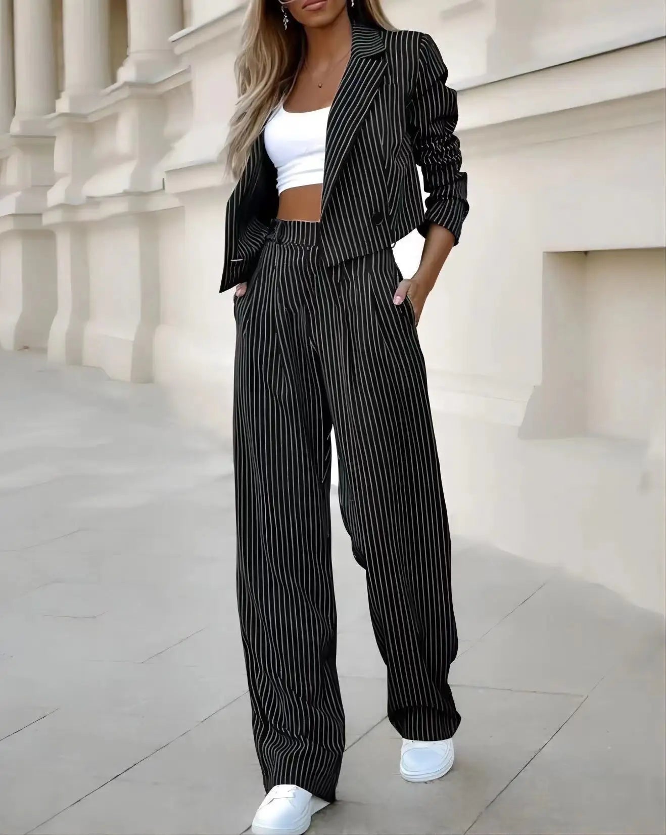 Conjunto de pantalón y chaqueta a rayas casual para mujer, elegante traje de dos piezas con solapa corta y pantalones rectos, nuevos conjuntos a juego para mujer