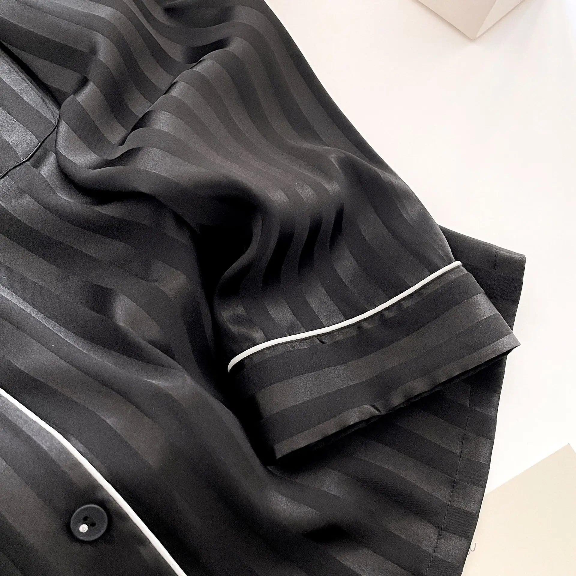 Women's Striped Pajamas Set Satin Long Sleeved Lapel Shirts Nightwear Sexy Lingerie Home Clothes Loose Sleepwear Loungewear