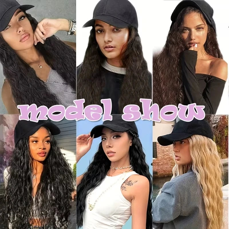 24Inch Synthetic Long Kinky Curly Hat Wig Baseball Cap Adjustable Breathable Hair Extension Wig for Women Easy to Wear