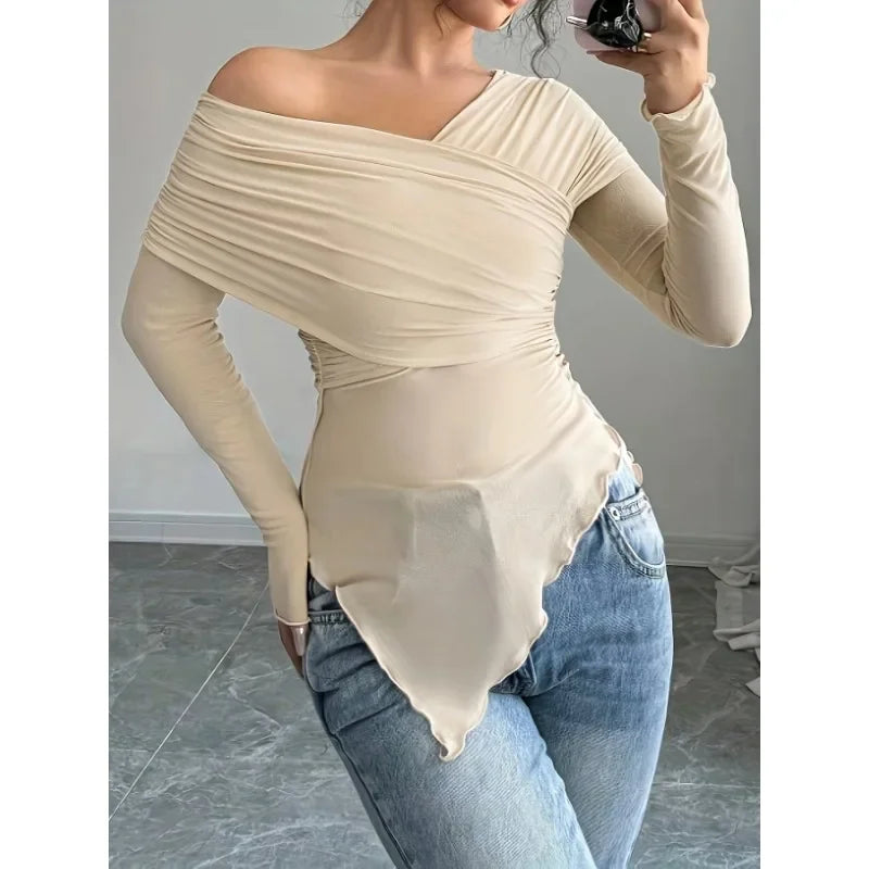 Women's Tops Summer Casual Fashion V-Neck Long Sleeve Strapless Top T-Shirt Women Clothing Feminist Shirt Harajuku Y2k Top