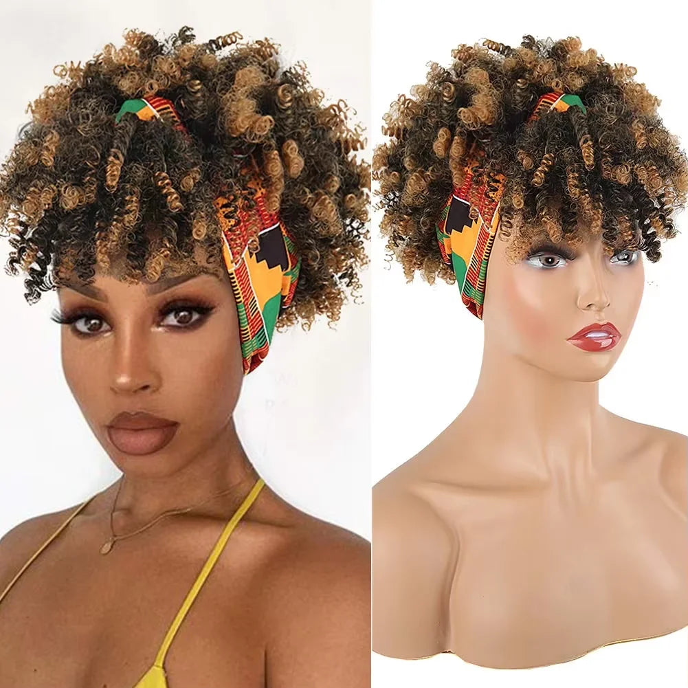Black women's curly hair wig with headscarf and tassel, 2-in-1 wrapped wig, short African curly hair synthetic wig with headscar