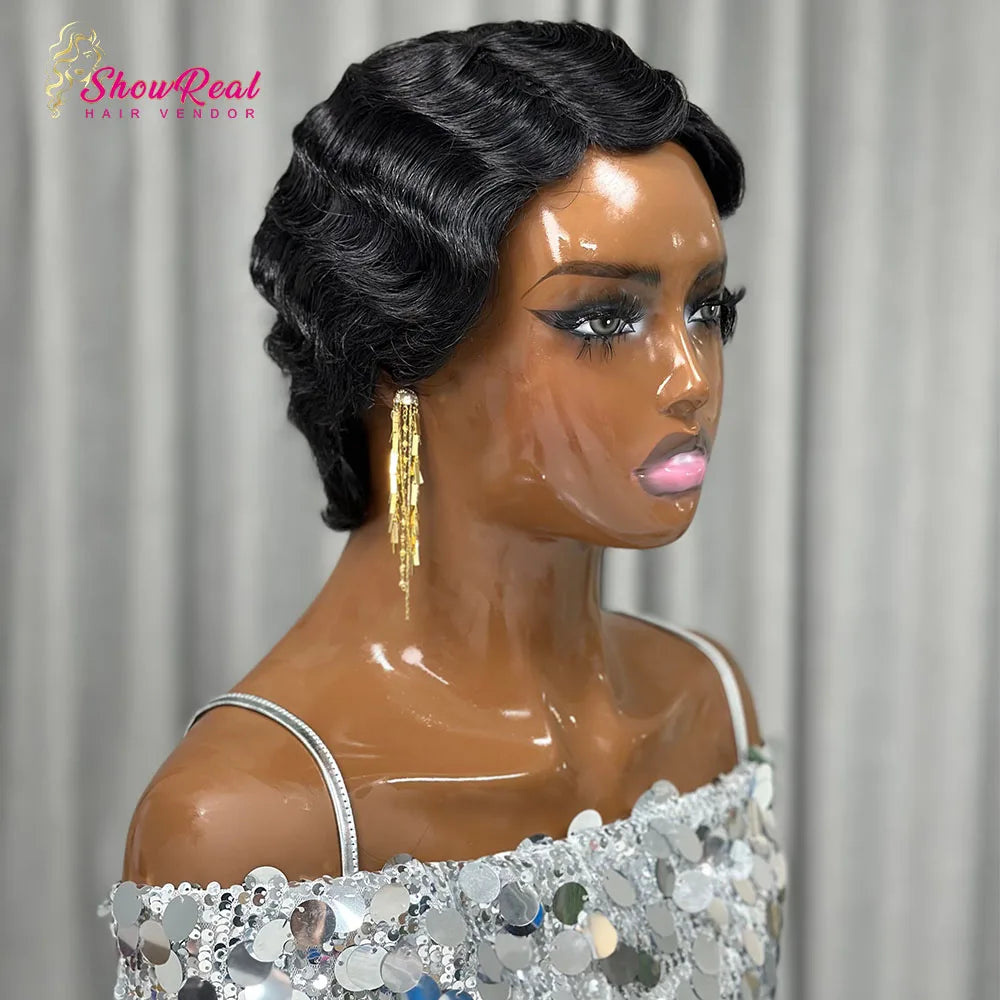Short Human Hair Wigs for Women Ocean Finger Wave Pixie Cut Wig Human Hair