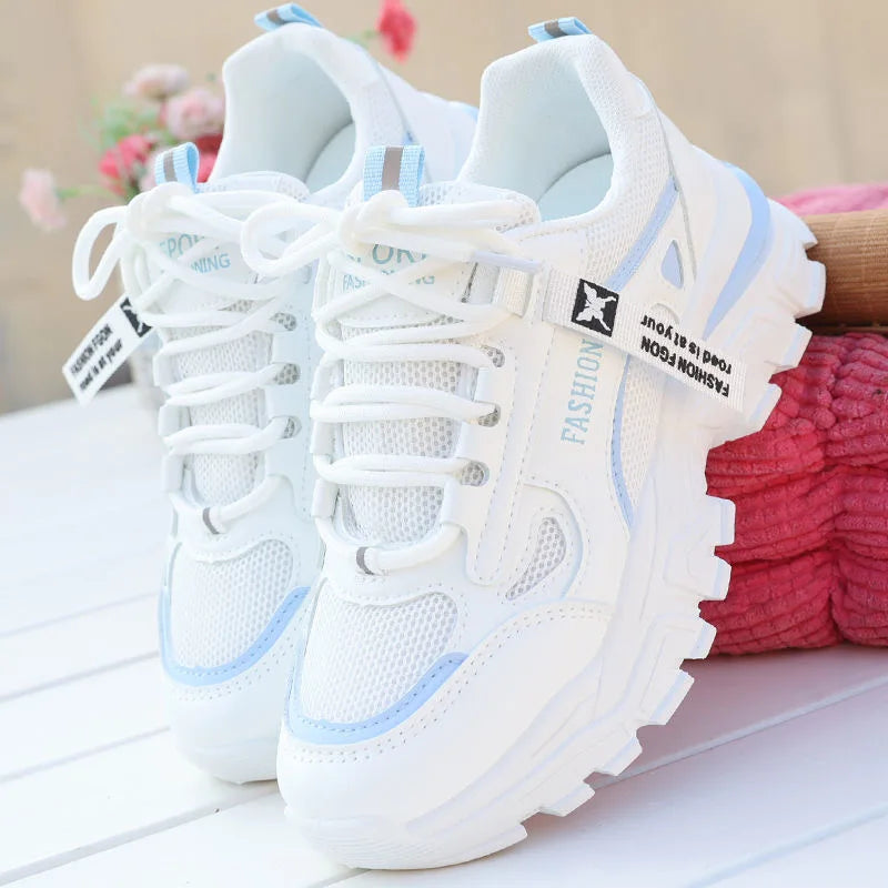 Women Sneakers Spring Autumn Lace-up Wedge Sneakers Women Breath Thick Bottom Lightweight Sports Shoes Comfortable Leisure Shoes