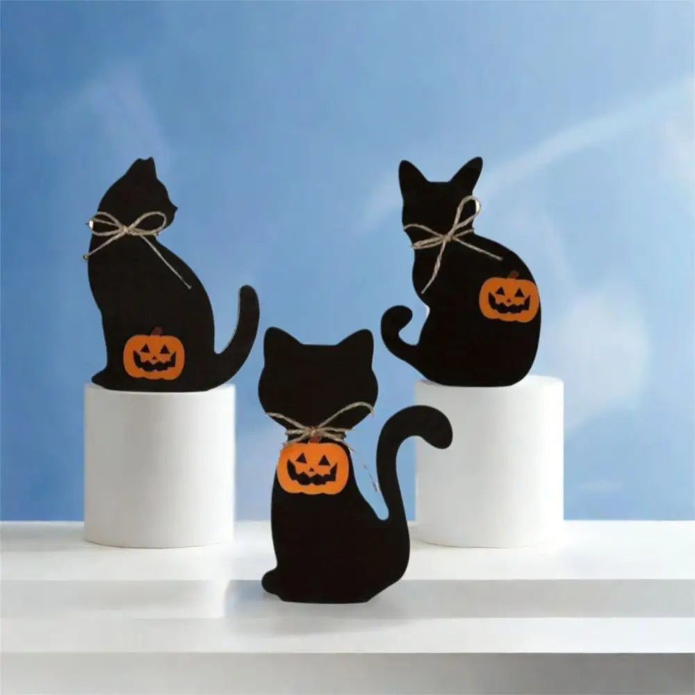 3pcs Table Centerpiece Decoration Wooden Halloween Black Cat Ornament Cute Decorative Cat Sculpture Vivid Animal Statue Tabletop