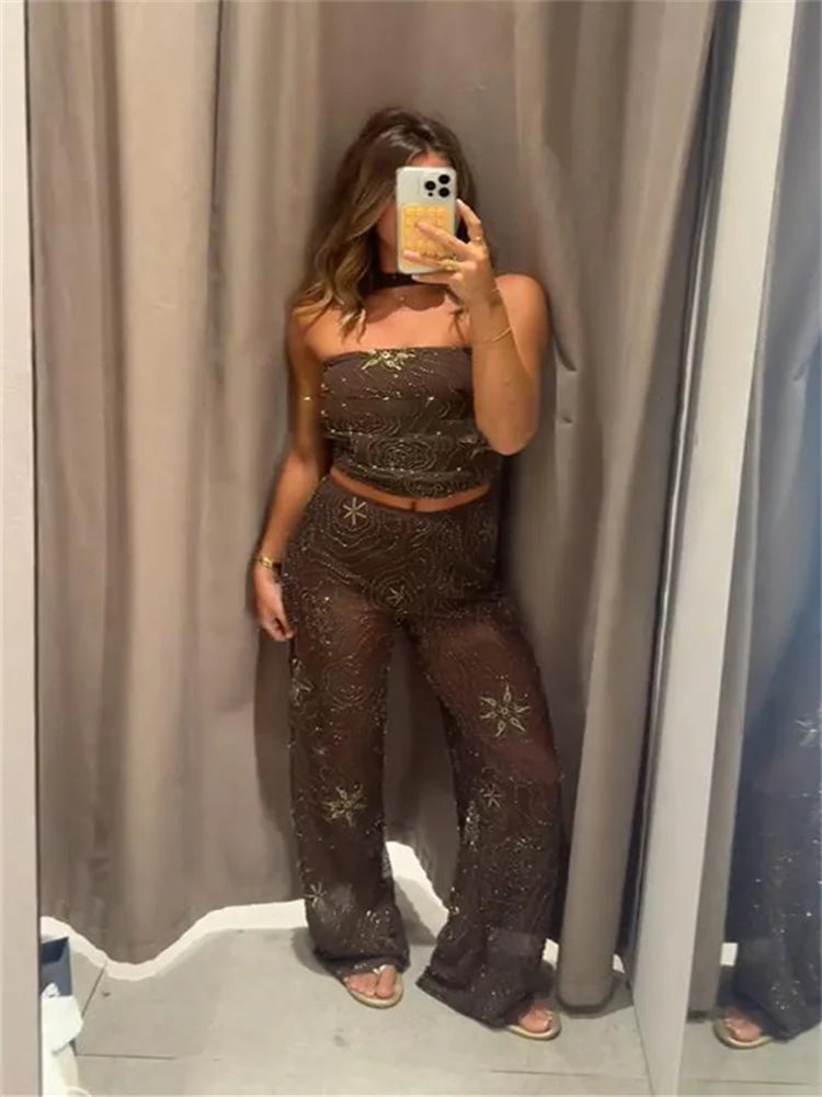 Chic Beaded Women's Top Pant Set Sexy Slim Halter Sleeveless Crop Tops See Through Elastic Waist Wide Leg Pants Summer Outfits