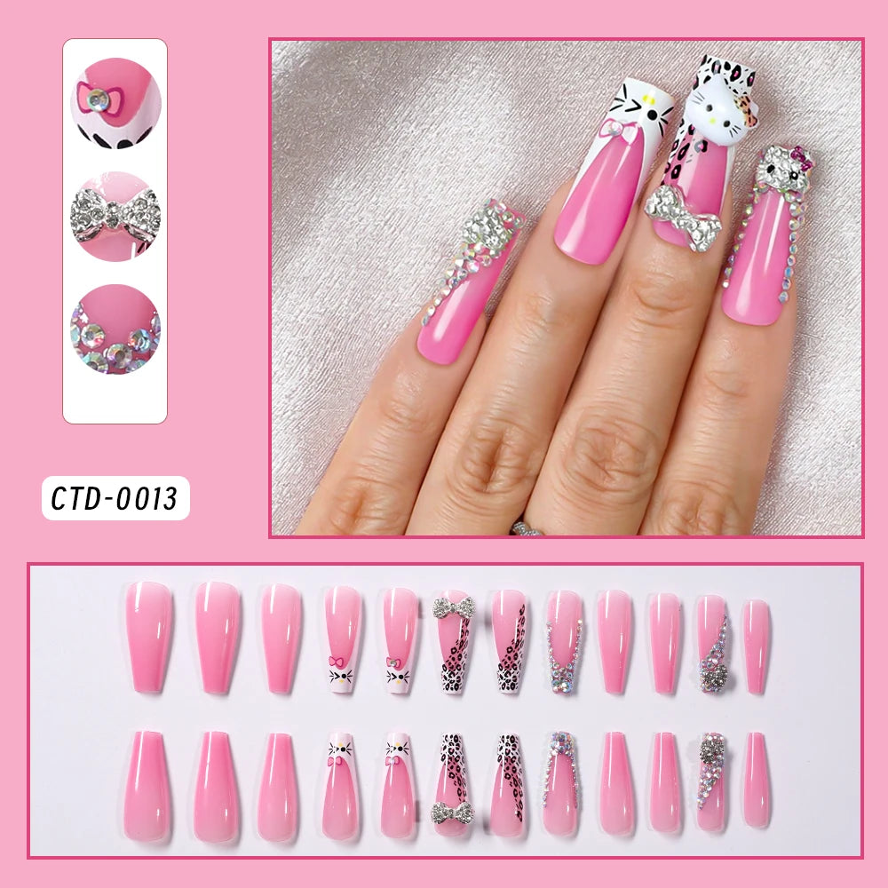 24pcs 3D Hello Kitty Heart Bow False Nails Pink-White French Press on Nails Medium Square Fake Nails for Daily/Party/Gathering *