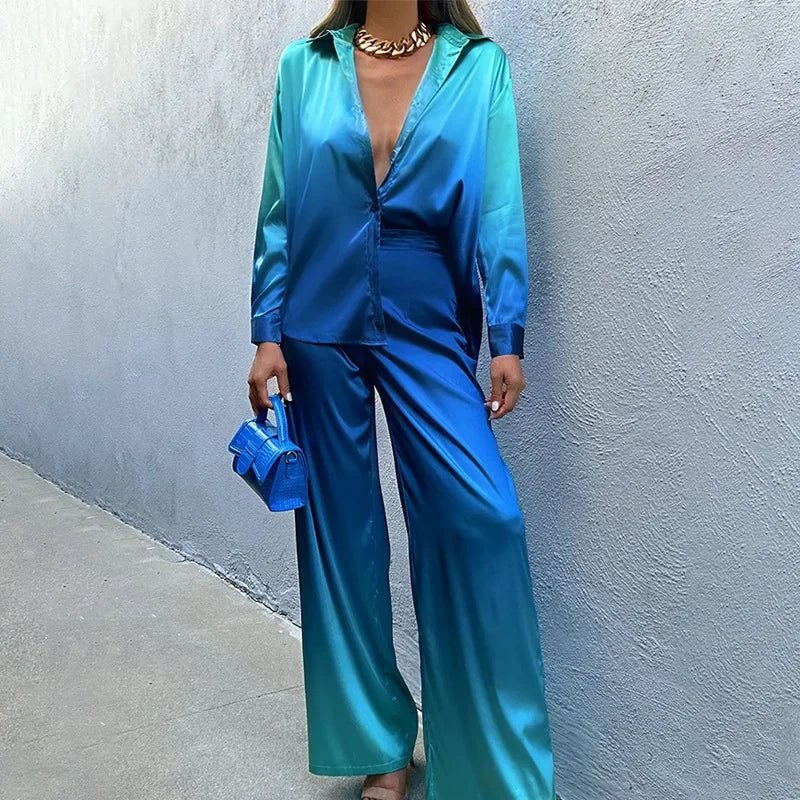 Elegant Women Two Piece Pants Set Casual Fashion Loose Long Sleeve Shirt Top High Waist Wide Leg Pants Suit Outfits Tracksuit