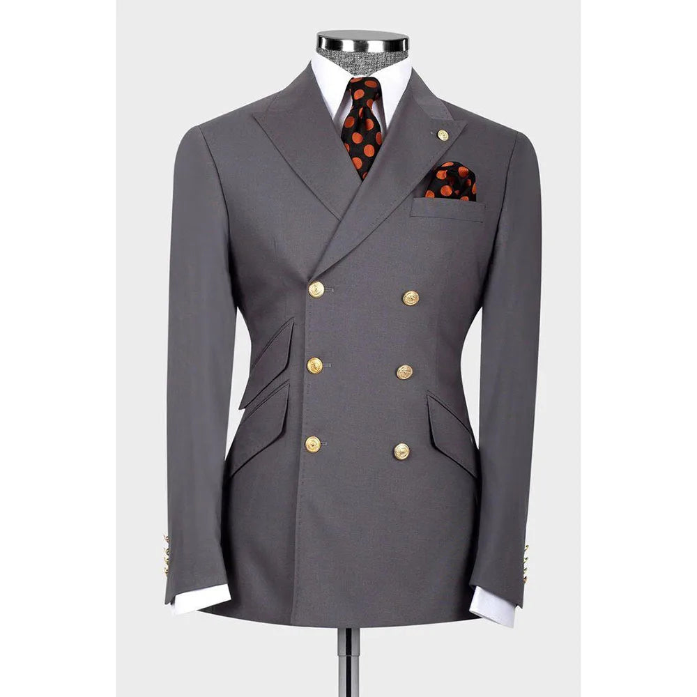 Luxury Grey Men Suits Double Breasted Peak Lapel High Quality 1 Piece Jacket Classic Prom Party Male Clothing Fashion