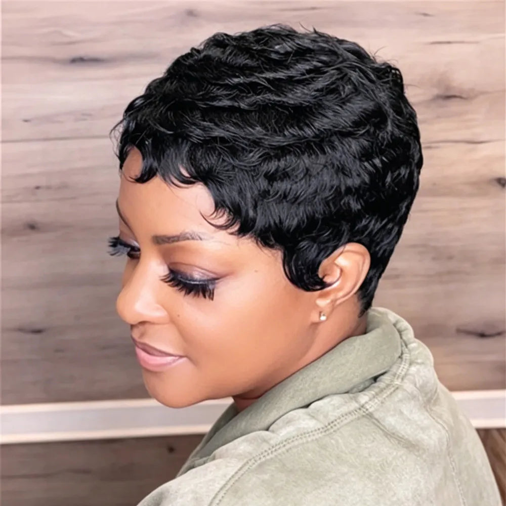 black  pixie cut human hair wig pixie wig 4inch short straight layered 150% density human hair wig machine made