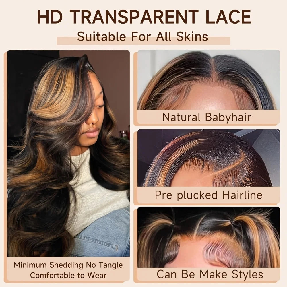 250 Density P1B30 Highlight Ombre Human Hair Wig 13x6 Transparent Lace Front Wig Colored Body Wave Black Brown For Women 38 Inch