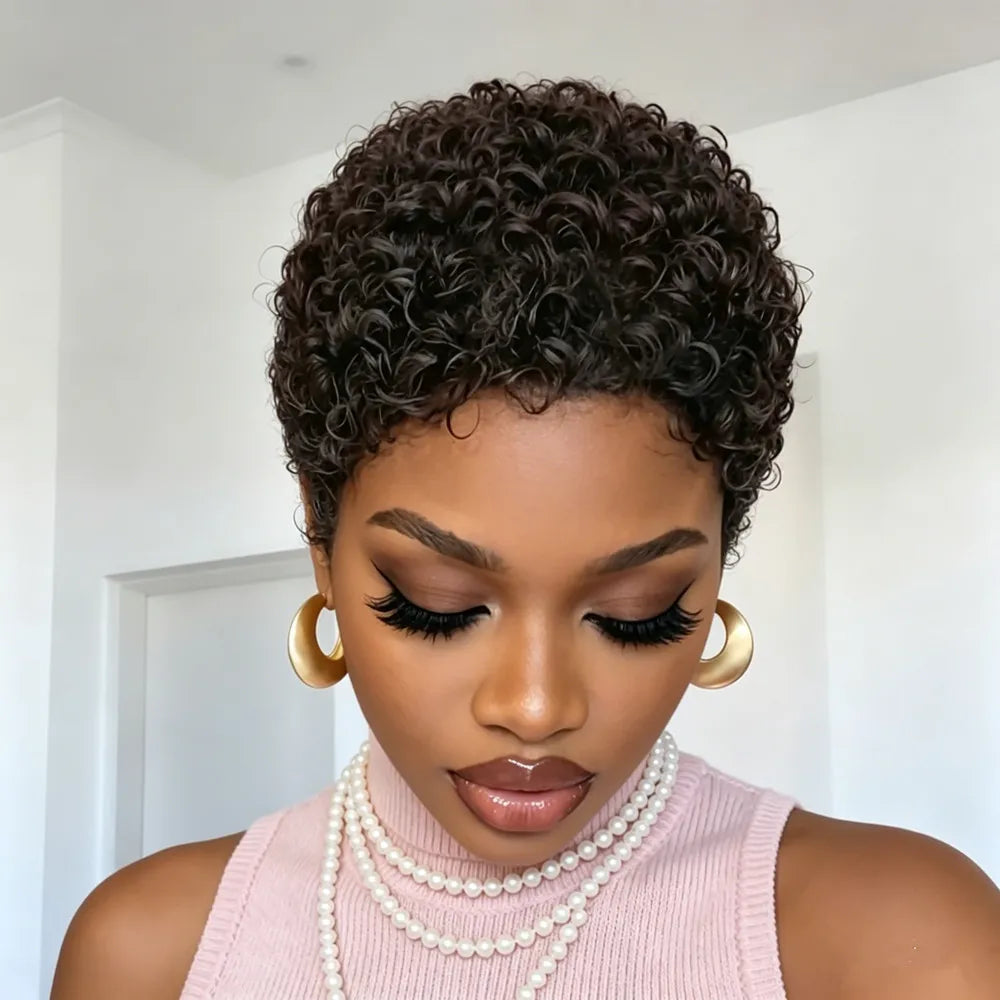 150% density hair machine made pixie cut short curly human hair wig 4inch black color short afro curly human hair wig