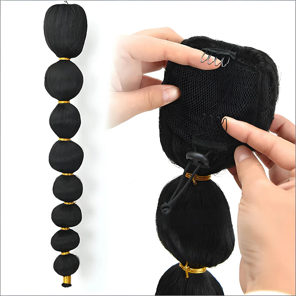 Queue de cheval bouffante afro synthétique longue droite Yaki avec tresses en lanterne, extension de queue de cheval à bulles avec cordon de serrage et pince pour femmes noires