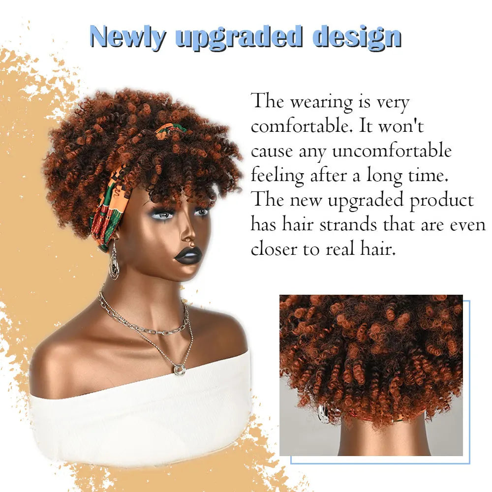 Peluca sintética rizada afro corta con diadema para mujer, peluca rizada con flequillo de color marrón ombré con pañuelo estampado sin pegamento y sin encaje.