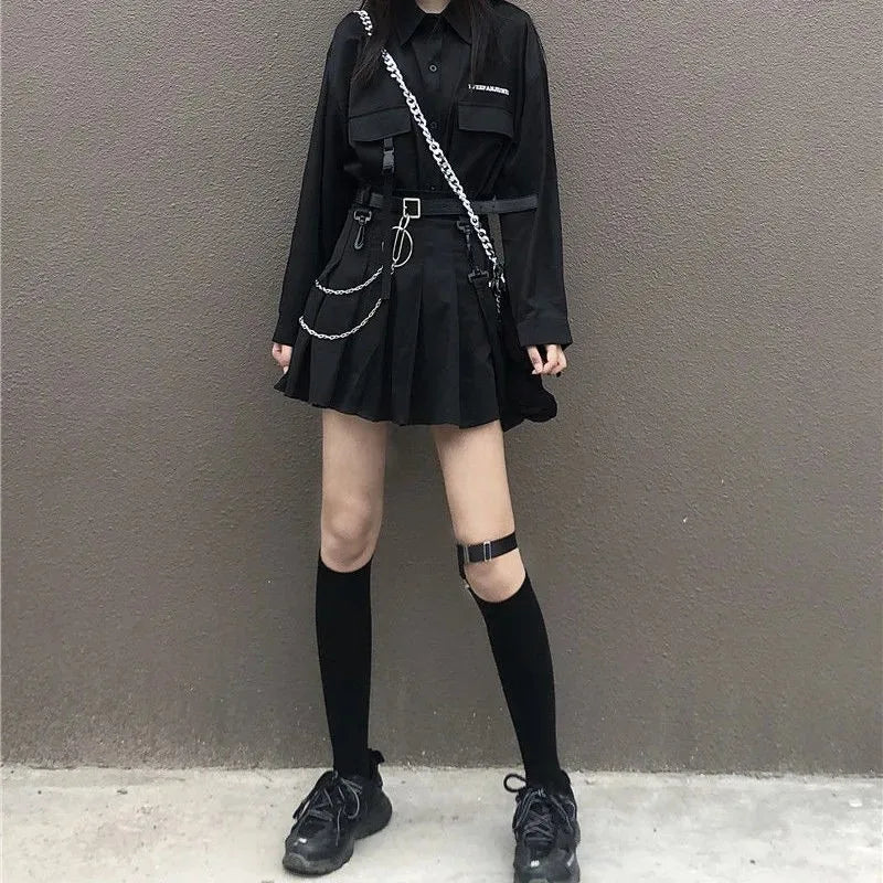 Gothic Skirt Set Long Sleeve Shirt Pleated Skirt 2 Piece Sets Women's Dark Clothes Korean Retro Casual Outfit Fashion Y2k Suit