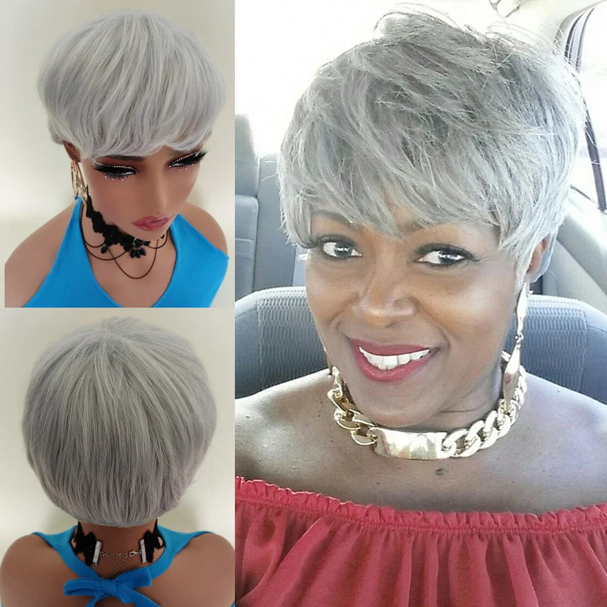 Short Natural Wave Pixie Gray New Comfortable African American Wig Capless Synthetic Hair Wig Women's All Grey / For Black Women