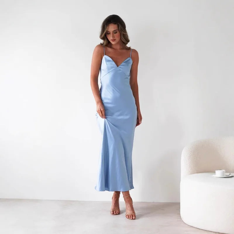 New Dresses  Woman Fashion Summer Women's Clothing Sexy Halter Satin Fashion Strappy Skirts