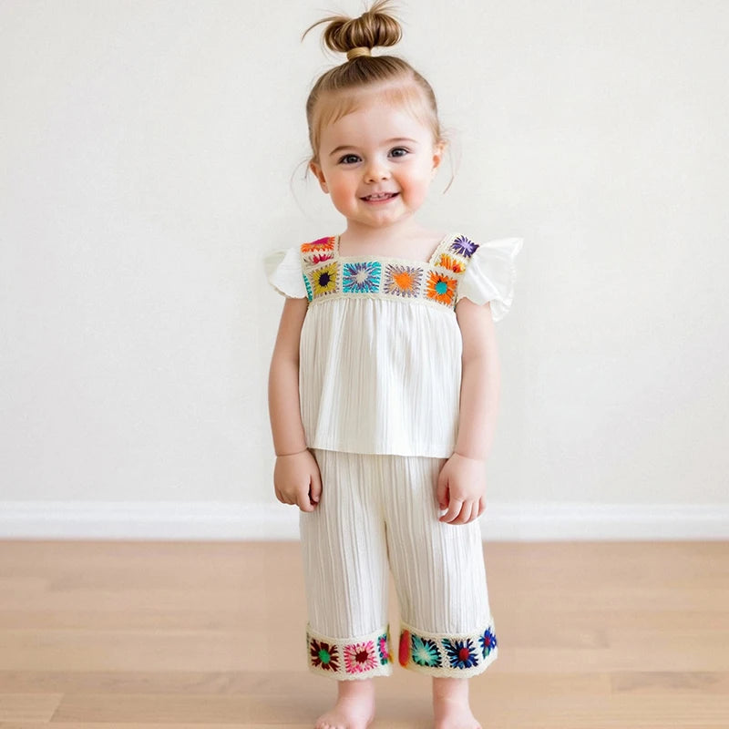Adorable Baby Girl Ruffle Sleeve Top and Pants Set with Crochet Flower Detail Elastic Waistband and Summer Vibes - 2 Piece