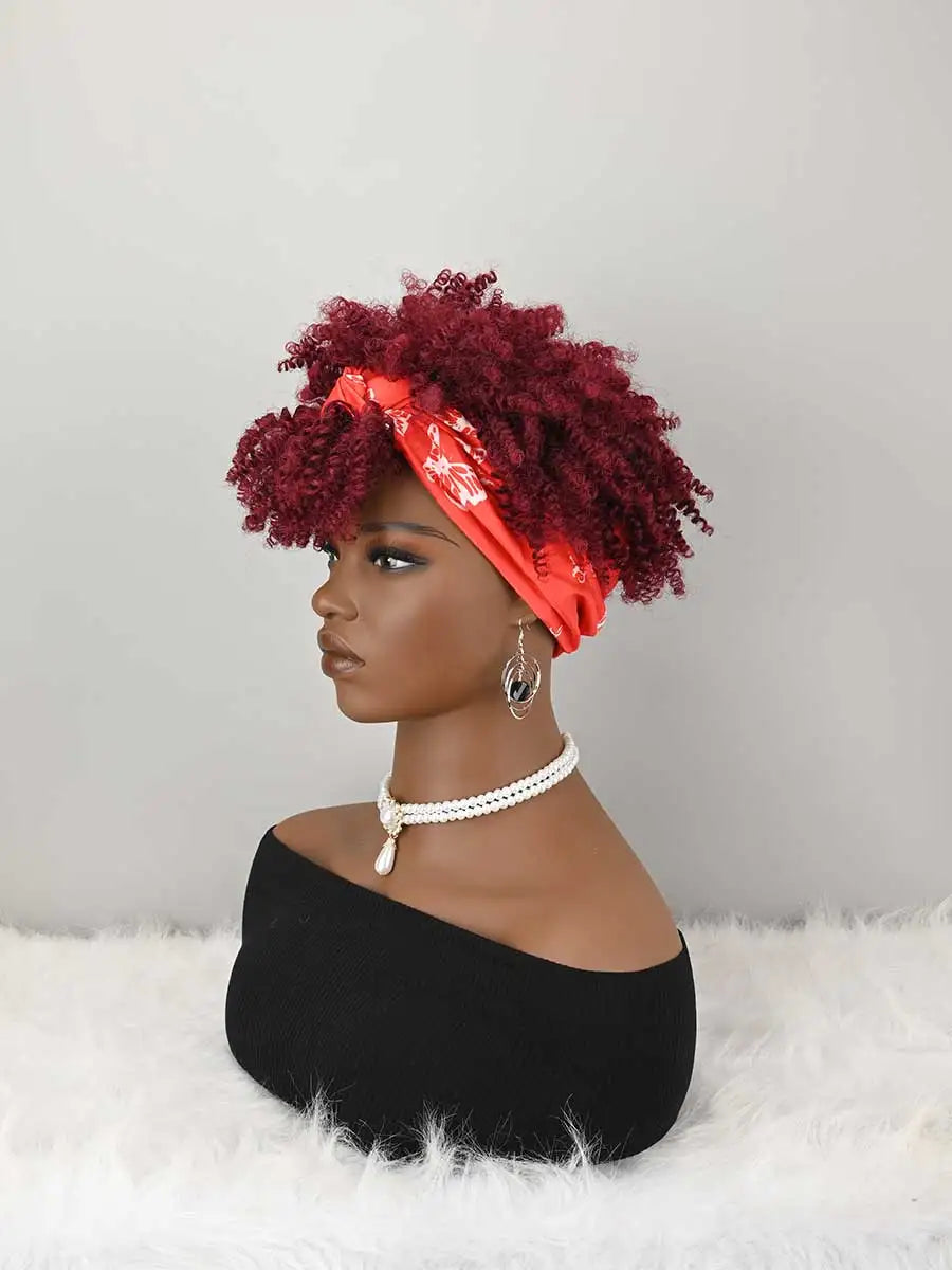 Pelucas de diadema para mujer Peluca afro rizada con pelucas de cabello corto sintético con diadema adjunta Pelucas con pañuelo para la cabeza