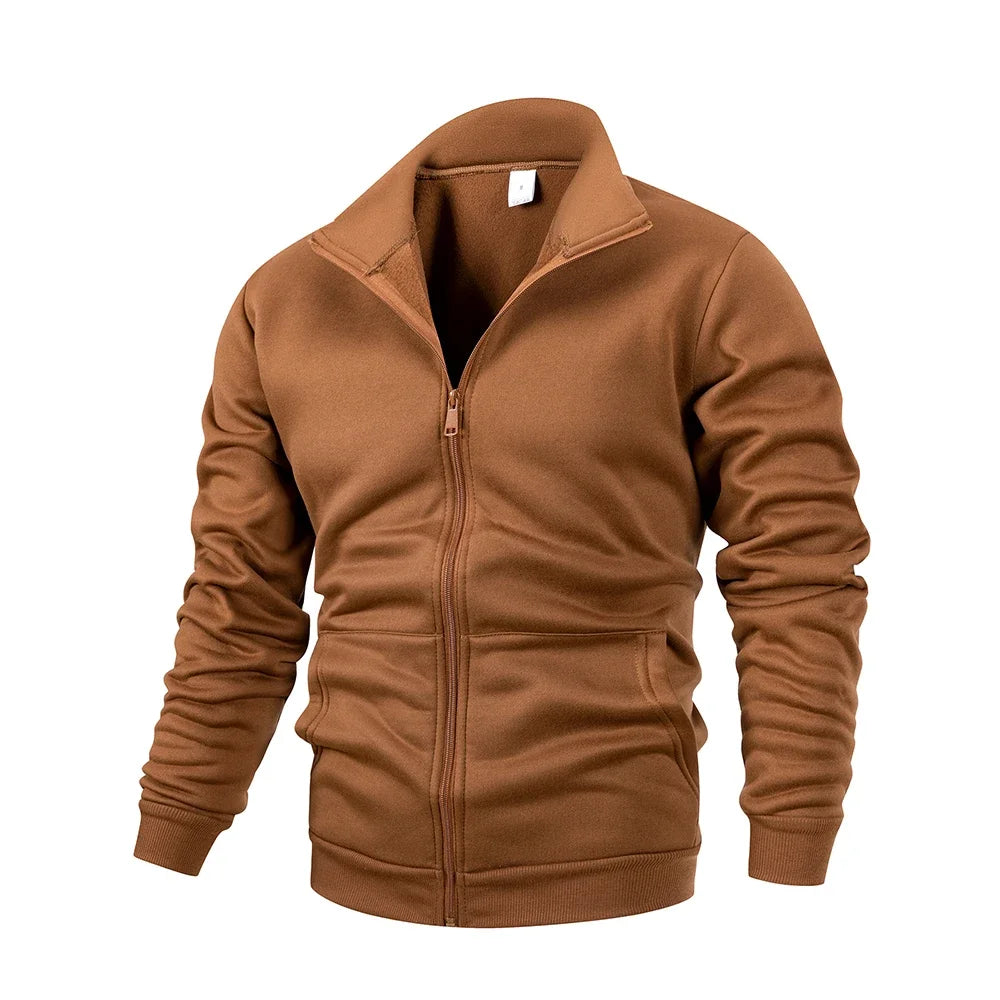 Chaqueta para hombre de manga larga con cremallera, abrigo de color liso con cuello levantado, cálida, para exteriores, chándal para hombre